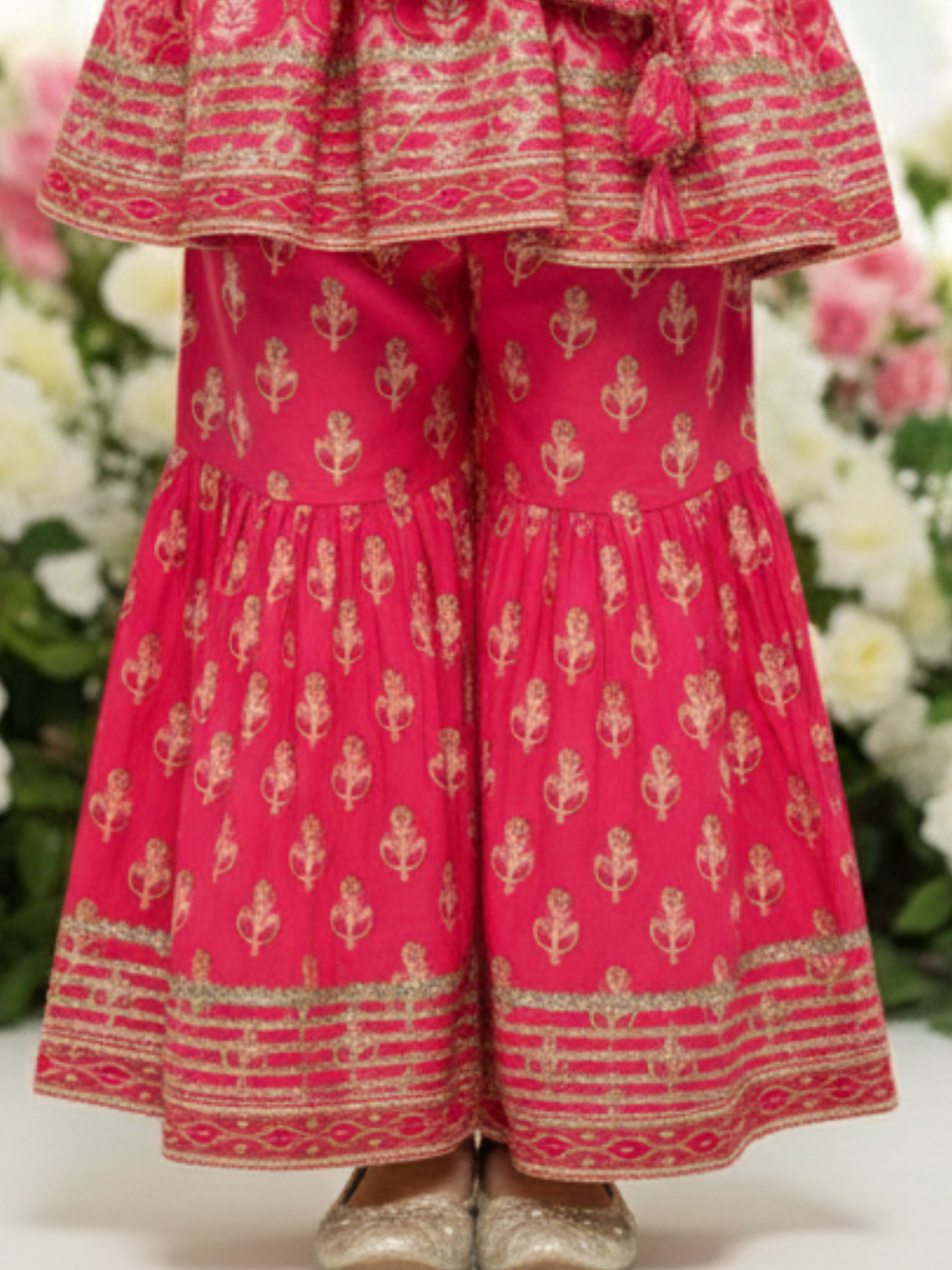 Girls' Fuchsia Pink Block Print Kurti, Sharara, and Dupatta Set with Heavy Embroidery