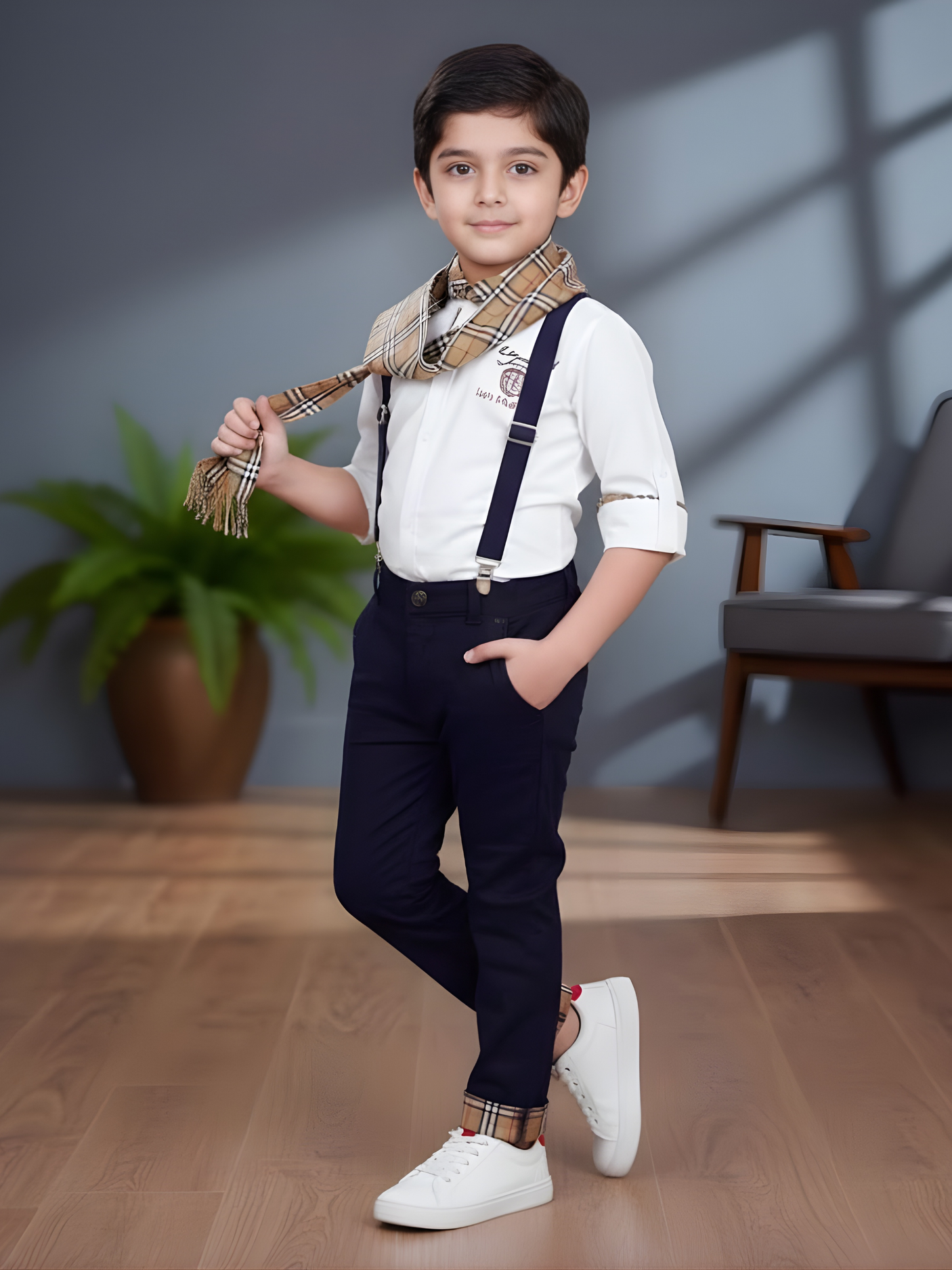 Boys' Elegant White Shirt & Navy Suspender Set with Checkered Scarf