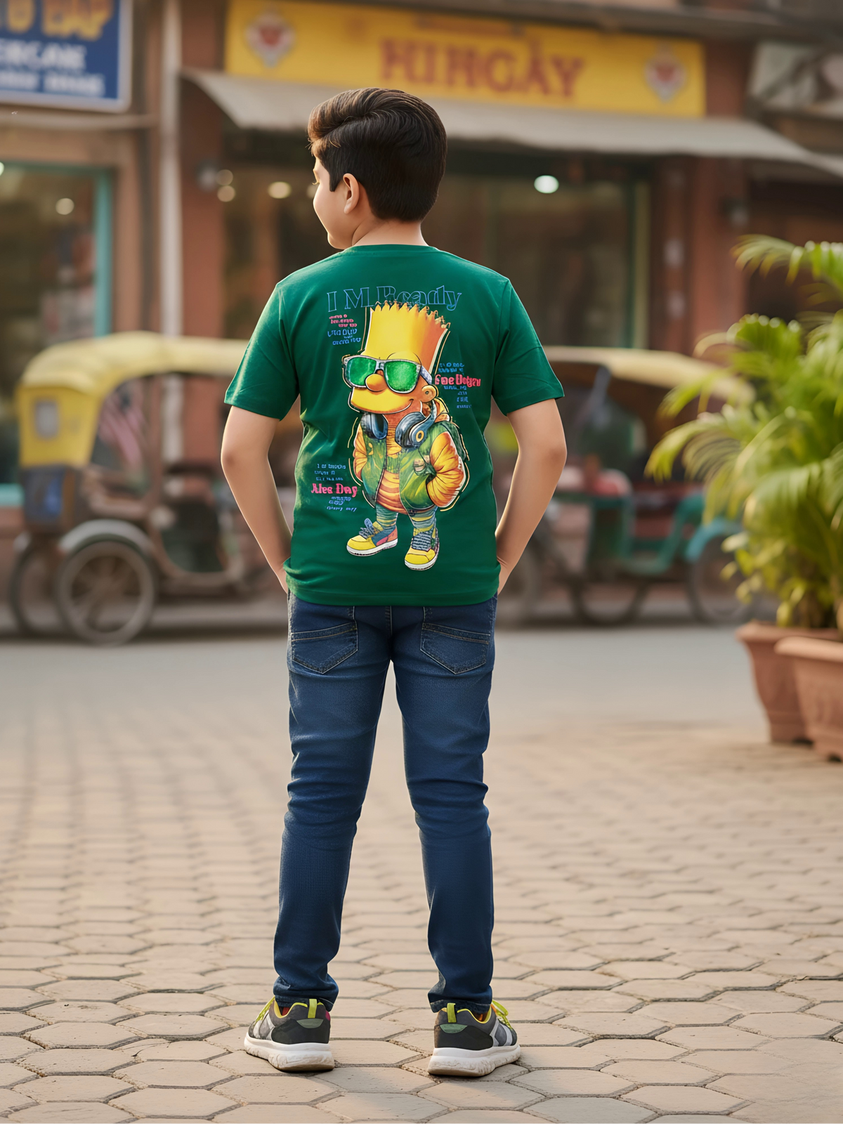 Boys' Casual Green Graphic Print Cotton T-Shirt