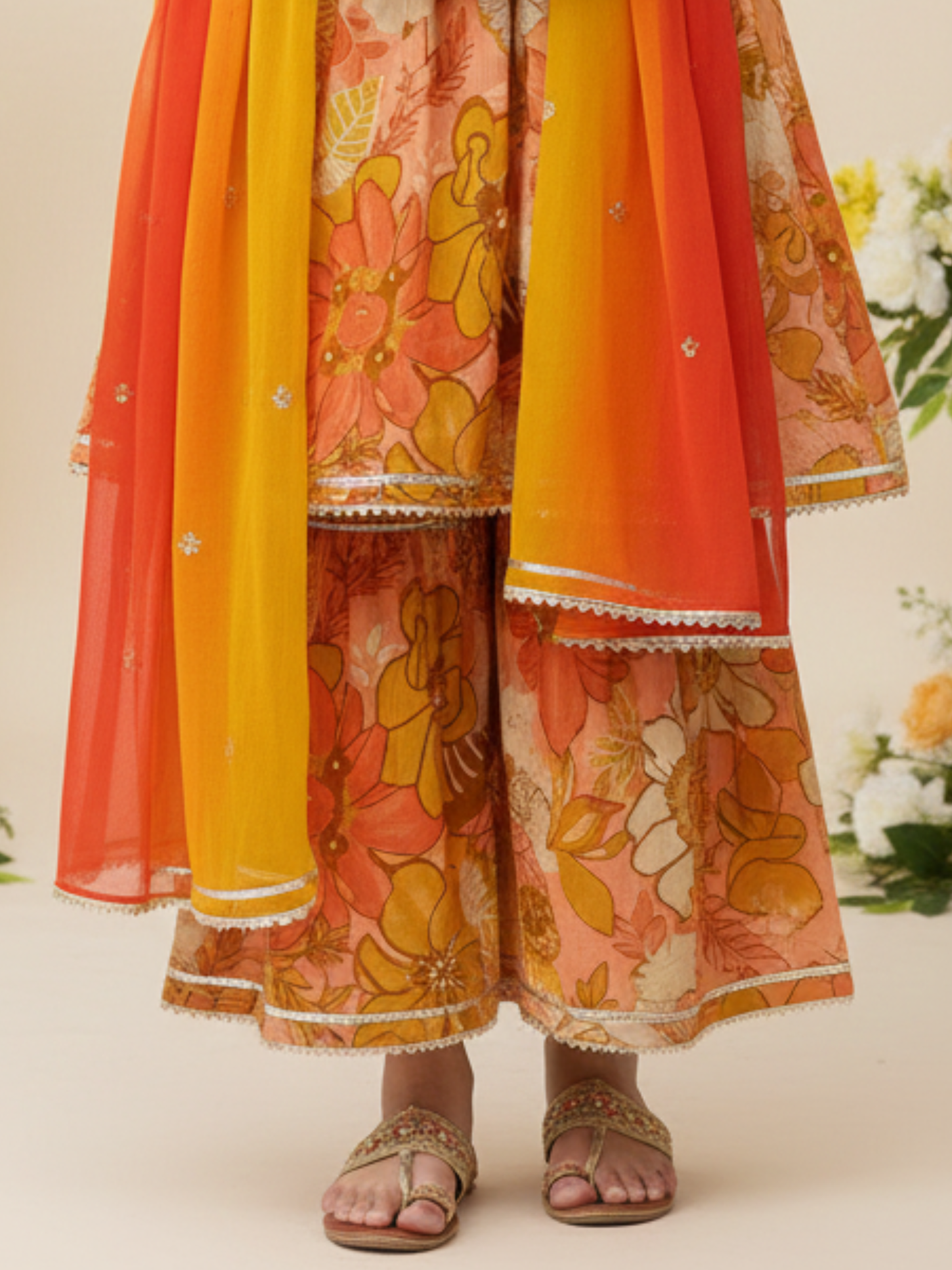 Girls' Festive Yellow & Orange Floral Print Garara Suit Set with Dupatta