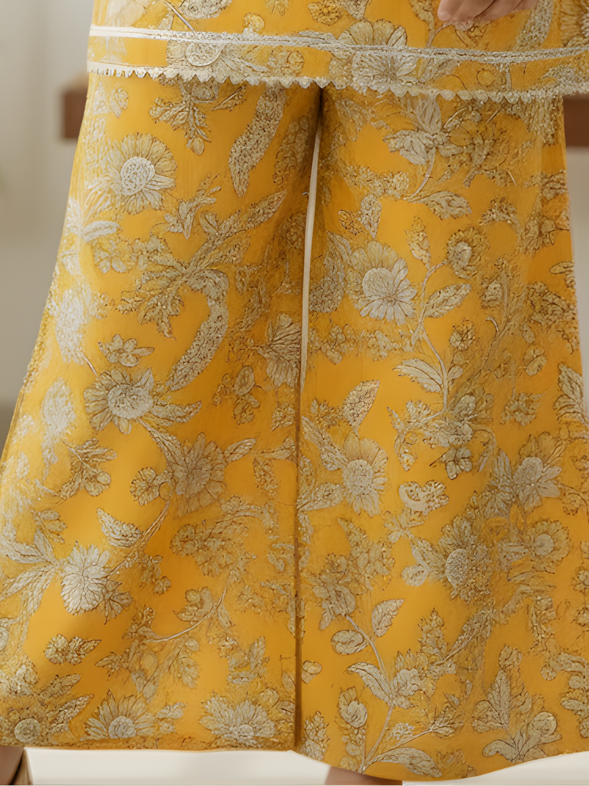 Girls Mustard Yellow Floral Printed Kurti and Palazzo Set