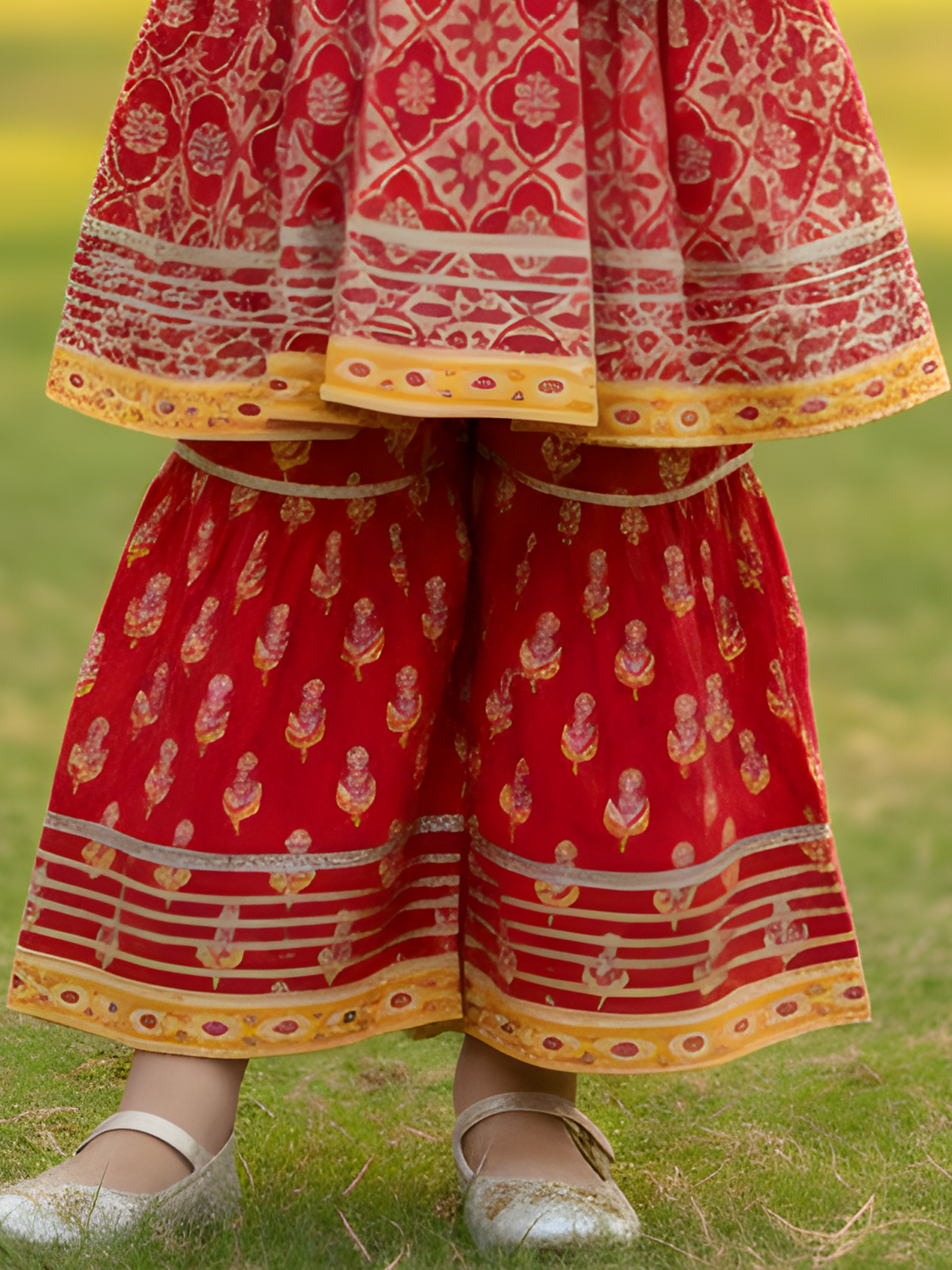 Girls Red & Gold Printed Sharara Set