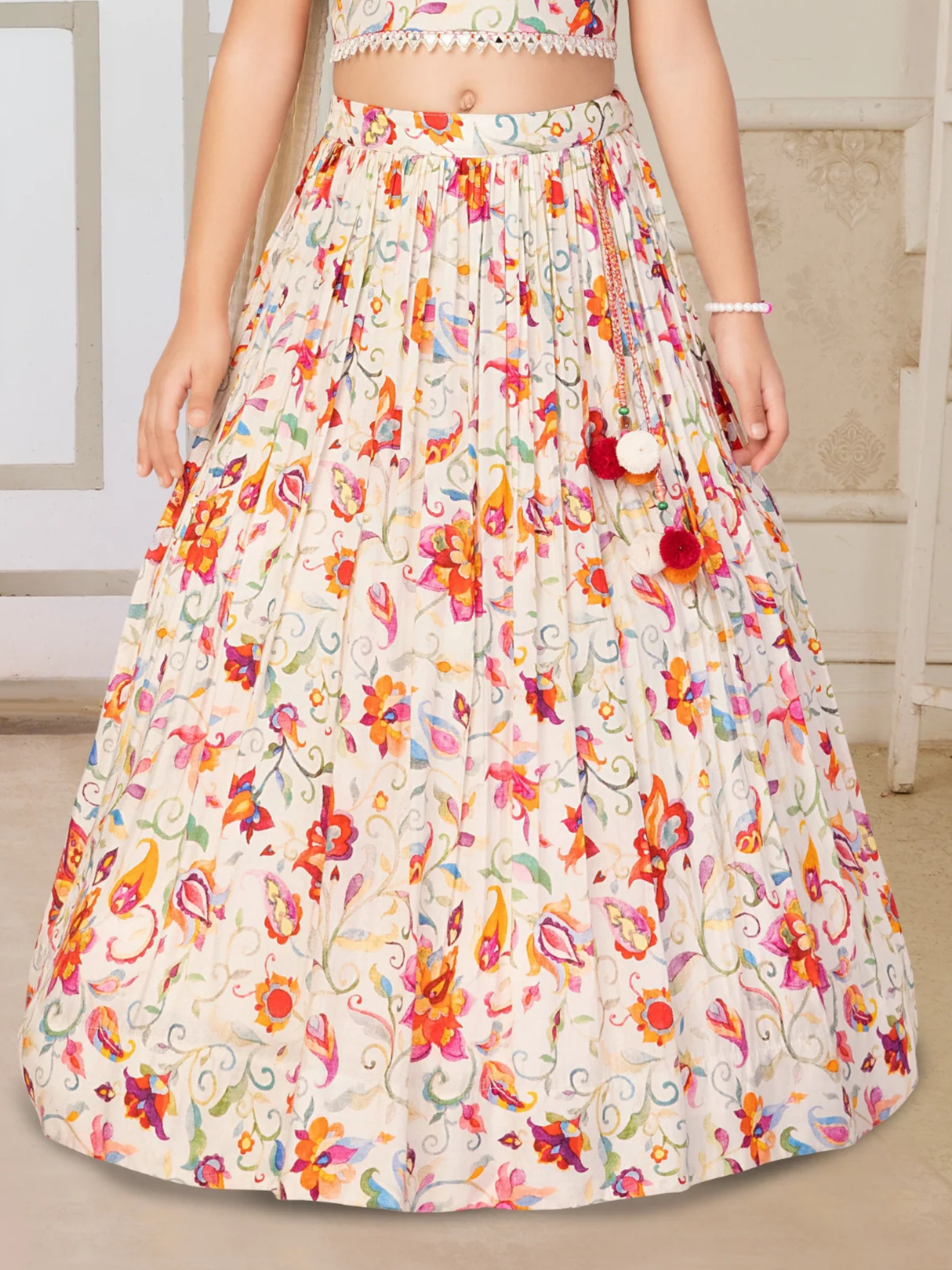 Girls' Cream Floral Print Lehenga Choli Set with Mirror Work & Dupatta