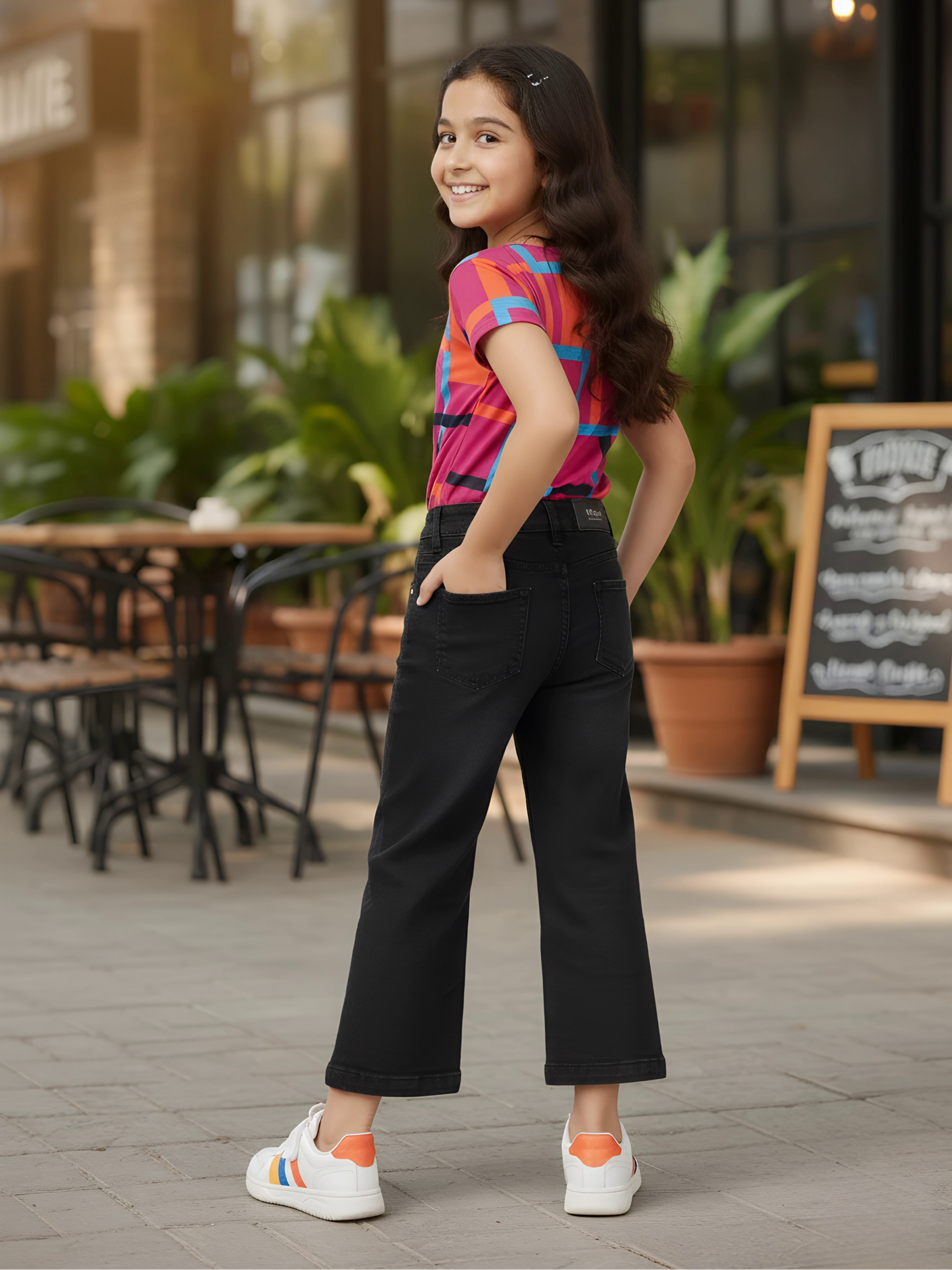 Girls' Classic Black Wide-Leg Denim Jeans - Comfort Fit