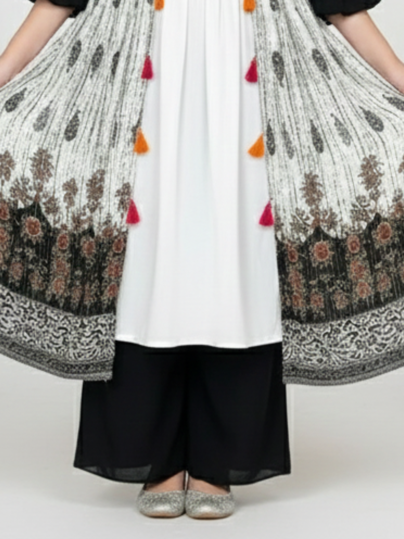 Girls' Black & White Printed Long Jacket, Crop Top and Palazzo Set - Indo-Western