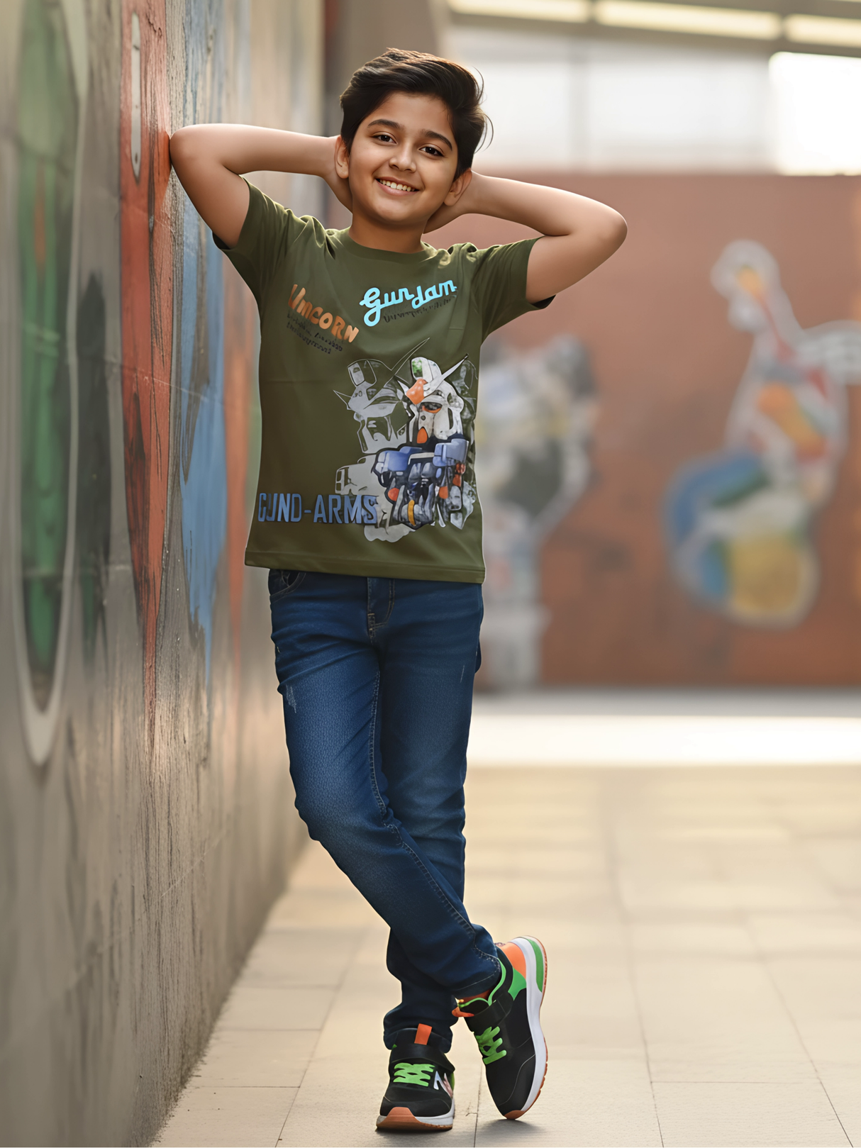 Boys' Olive Green Unicorn Gundam Graphic T-Shirt