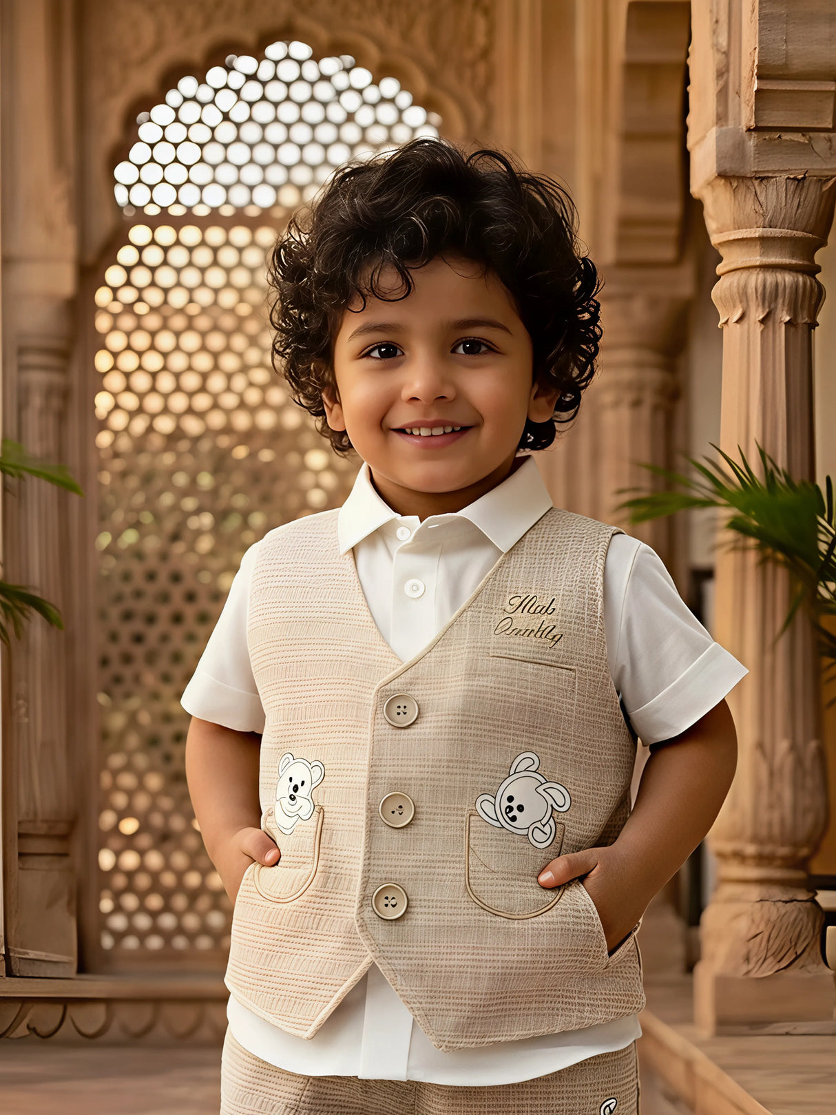 Boys Brown Textured Waistcoat & Shorts Set