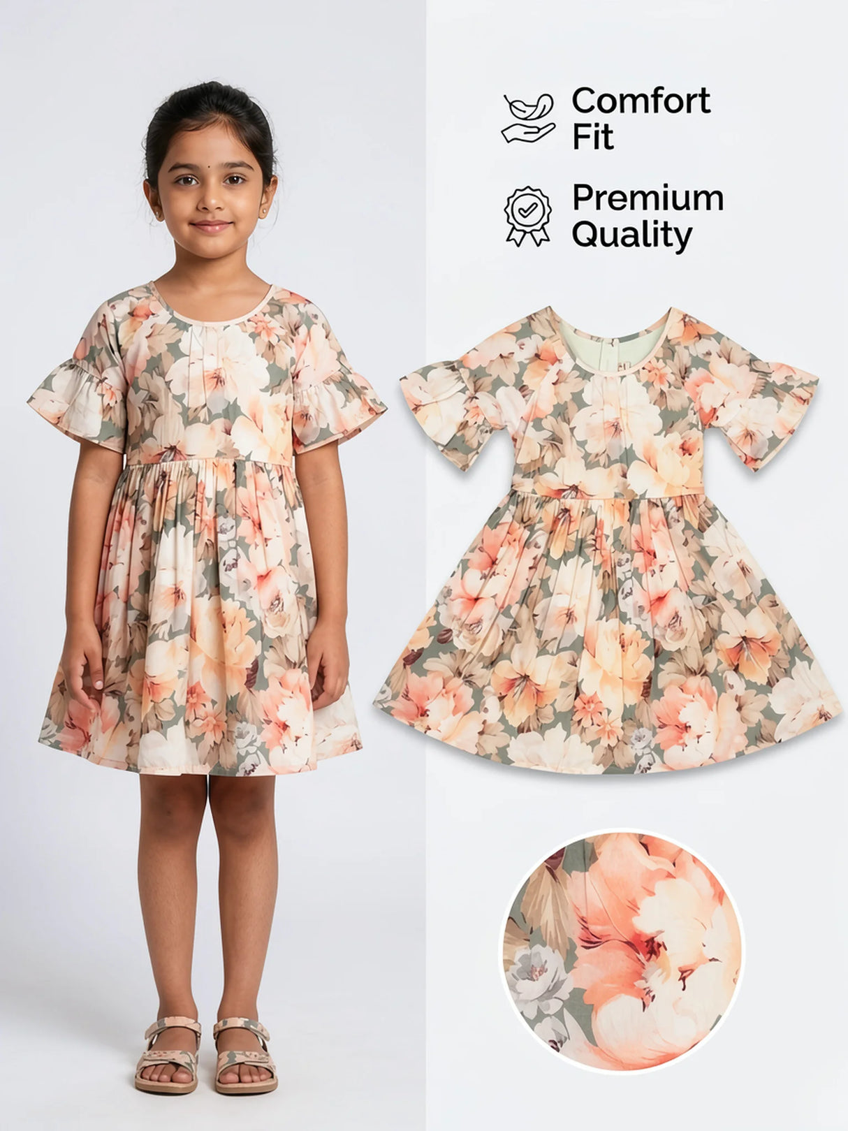 Peach Floral Print Girls Frock
