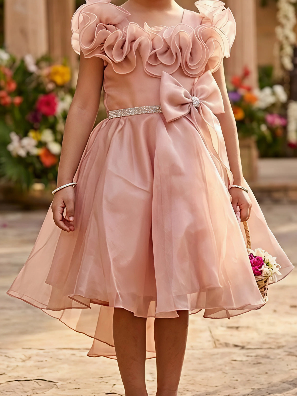 Elegant Brown Ruffle Party Frock for Girls