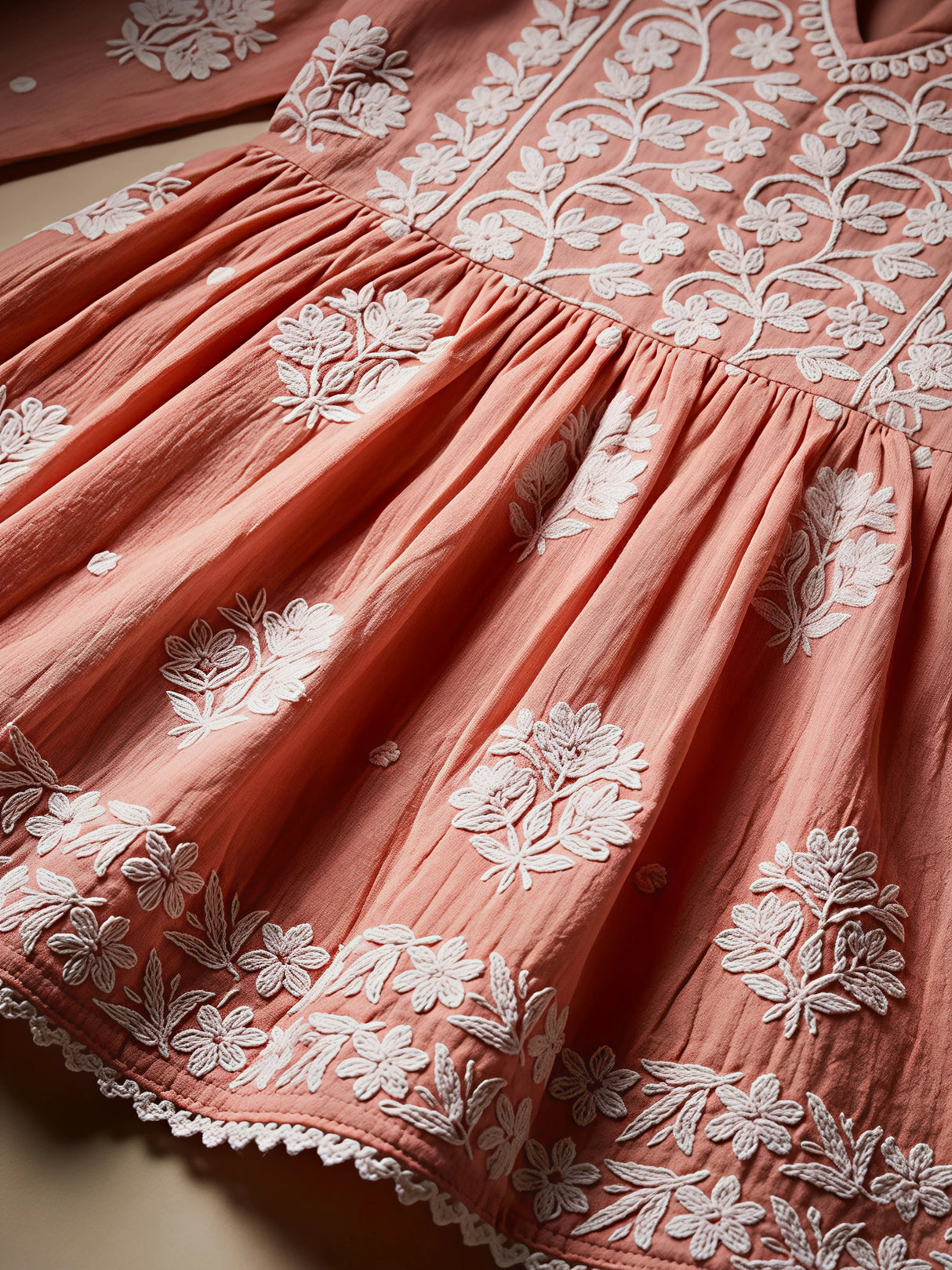 Girls Peach Chikankari Embroidered Frock Kurta with Dhoti Pants Set