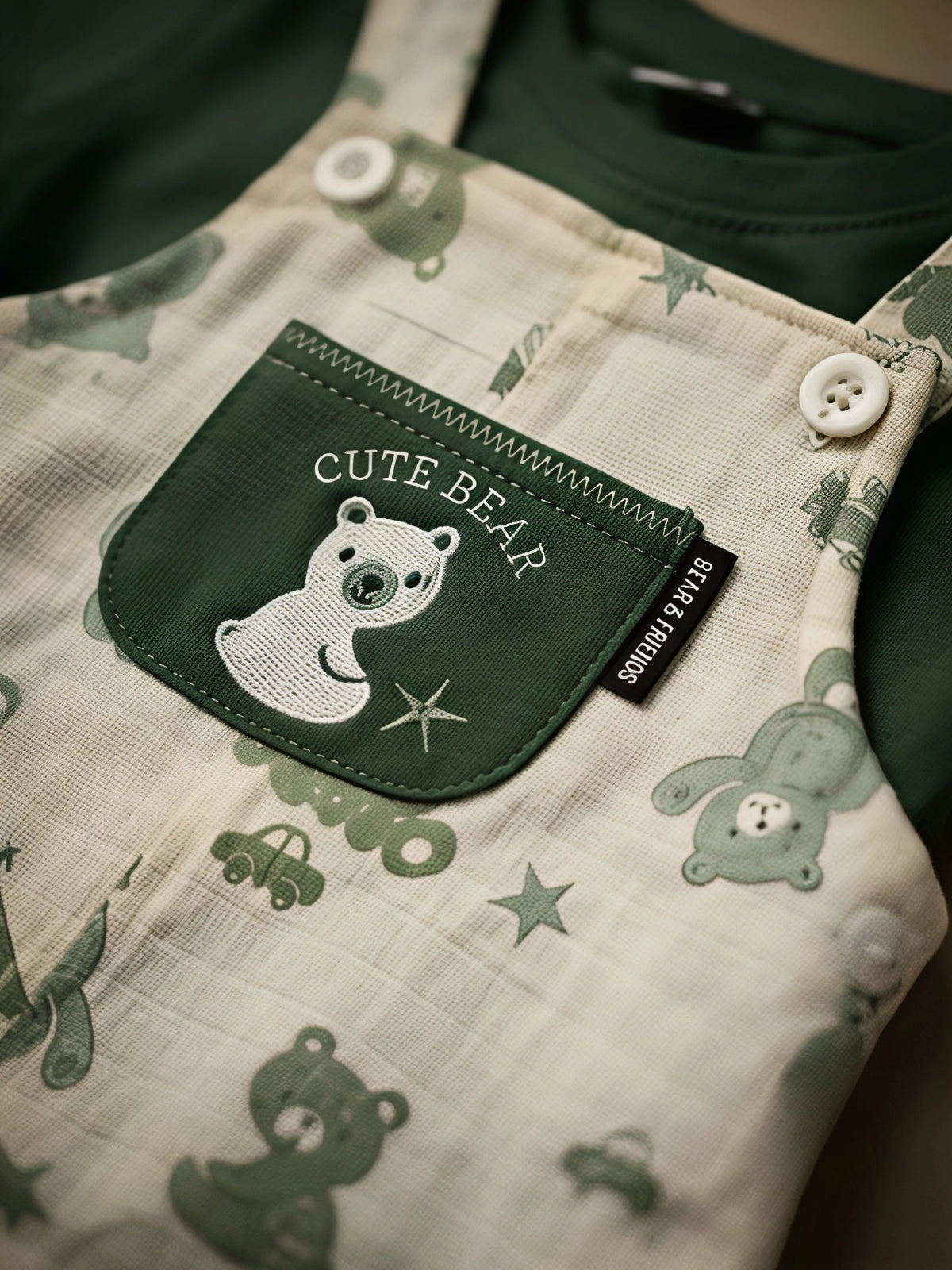 Infant Boys Green Teddy Print Dungaree Set.