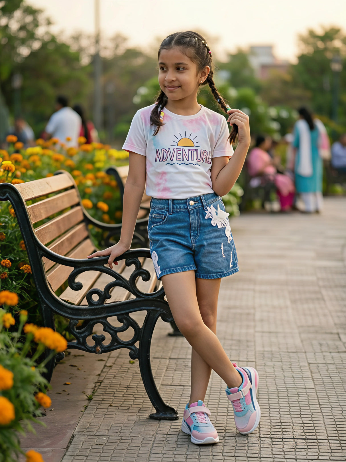 Girls Navy Blue Embroidered Denim Shorts.