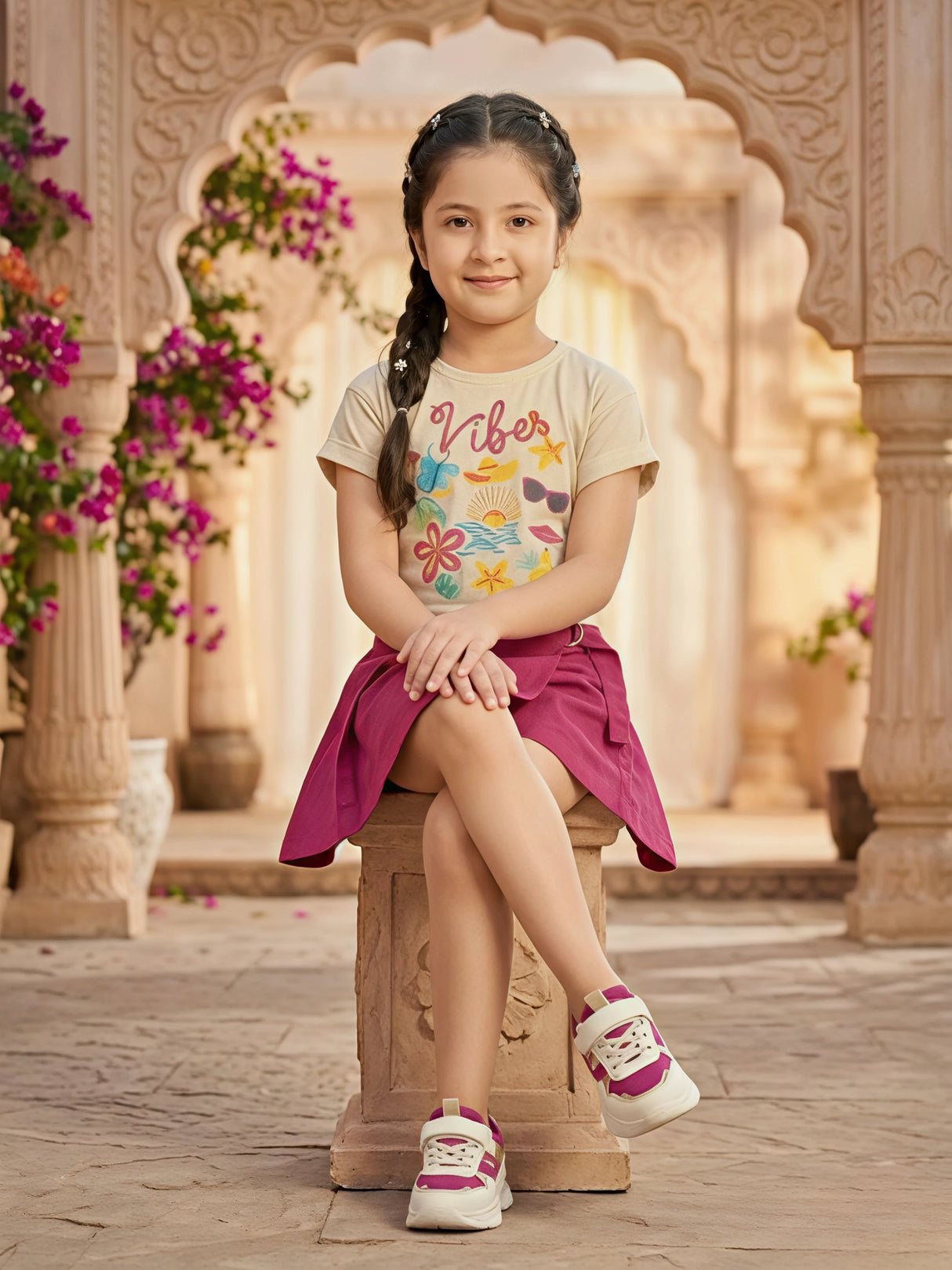 Girls Summer "Vibes" Graphic Tee and Pink Wrap Skirt Set.