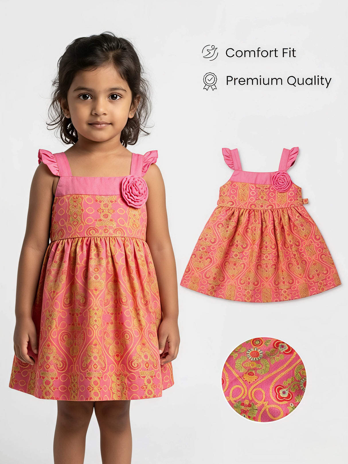 Pink Floral Brocade Girls' Festive Frock