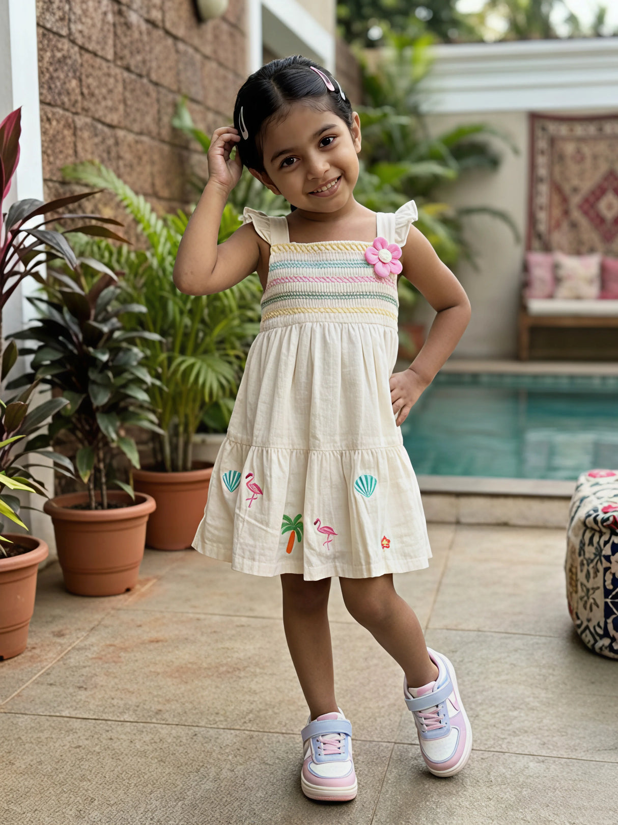 Girls' Cream Tropical Embroidered Cotton Frock