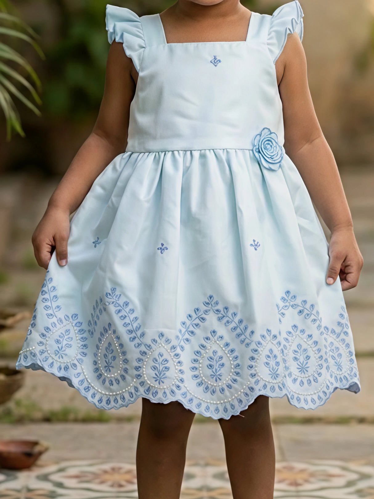 Little Blossom Blue Embroidered Cotton Frock with Ruffle Sleeves