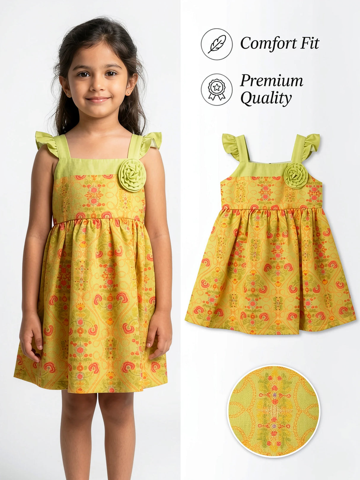 Girls Green Floral Print Frock