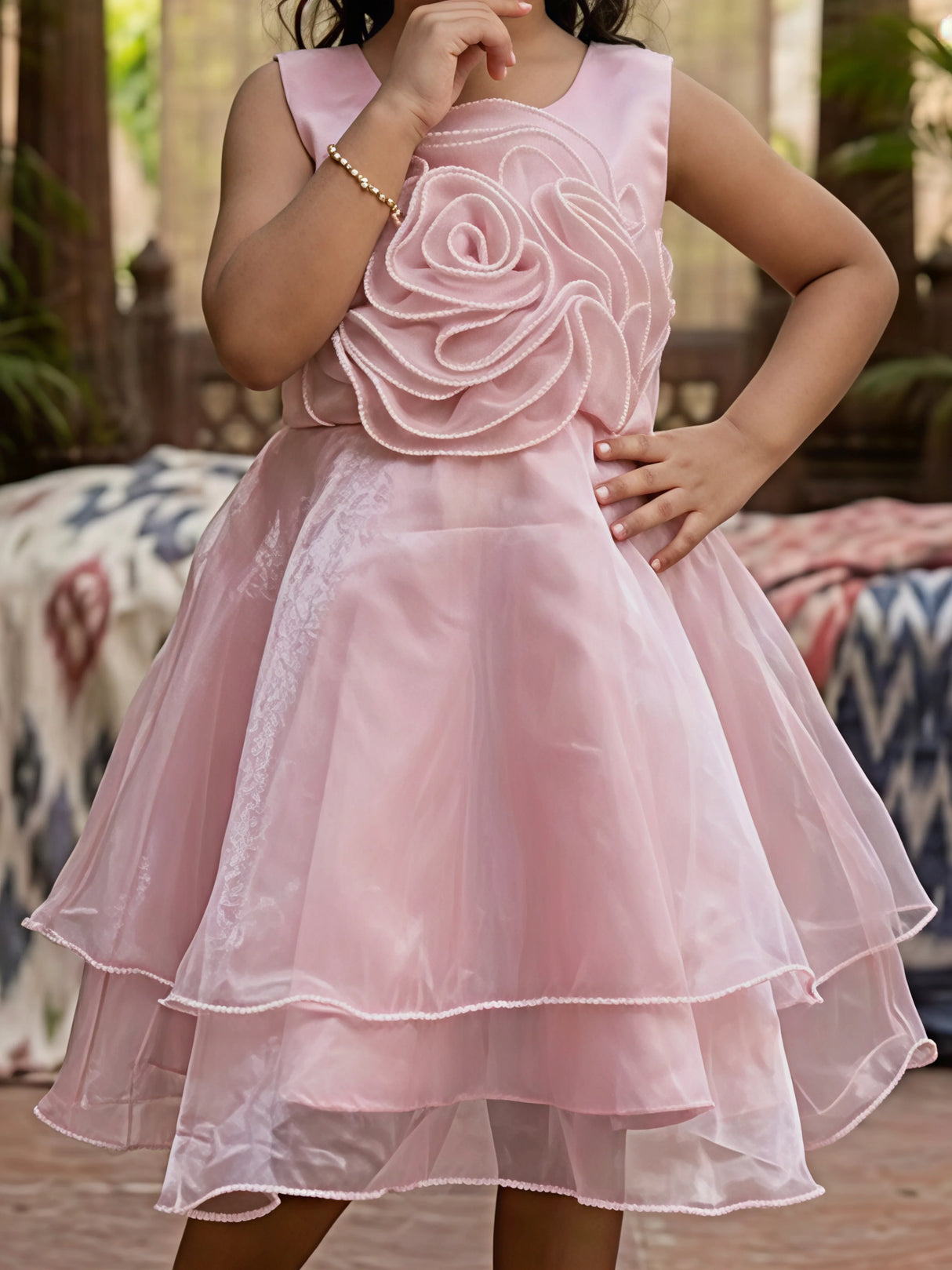 Girls' Pink Petal Rose Organza Party Frock