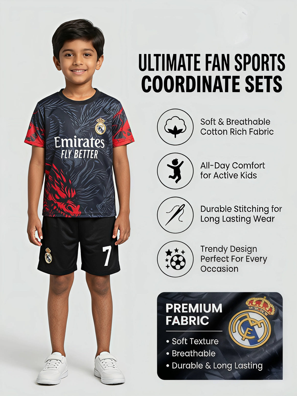 Boys' Real Madrid Inspired Black Football Sports Co-ord Set.