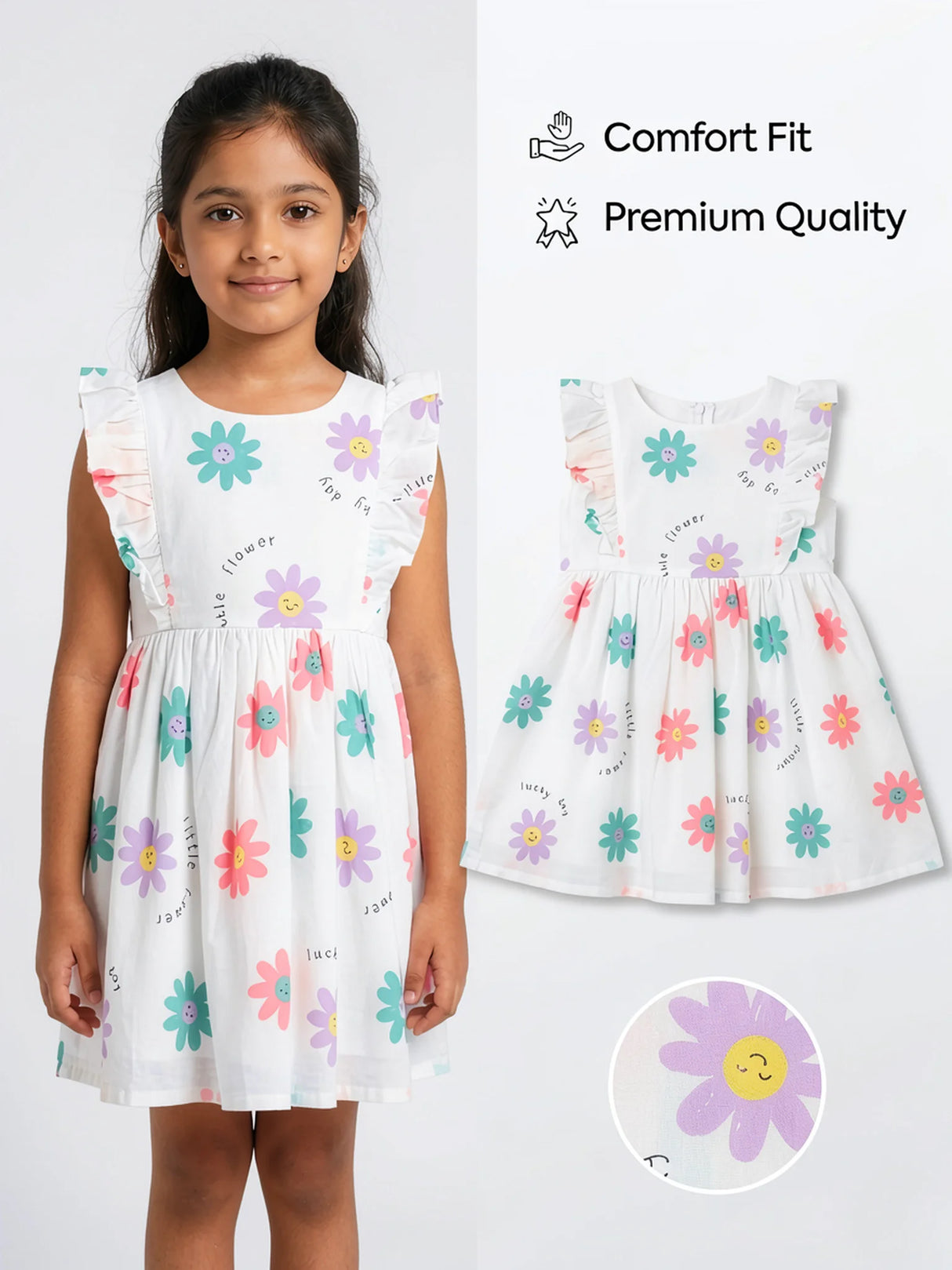 Girls White Floral Ruffle Cotton Frock