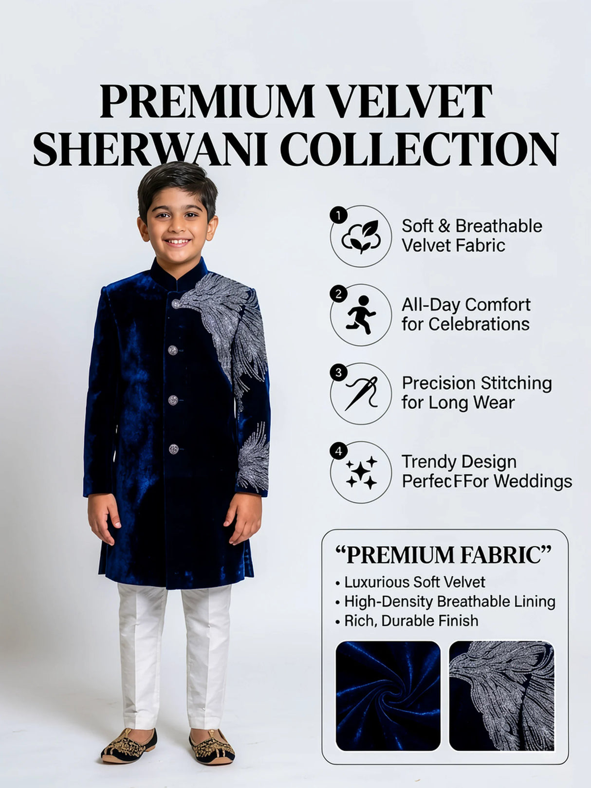 Boys Navy Blue Velvet Sherwani Set ()