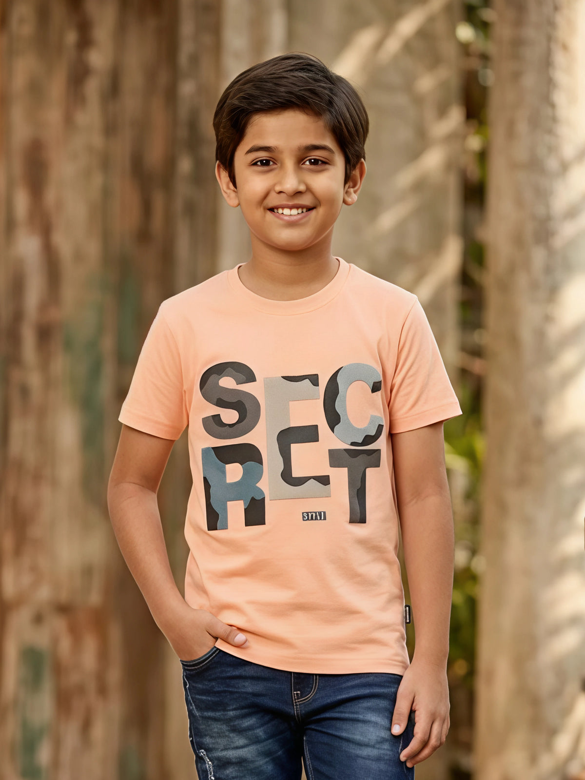 Boys Peach "SECRET" Camo Graphic T-Shirt