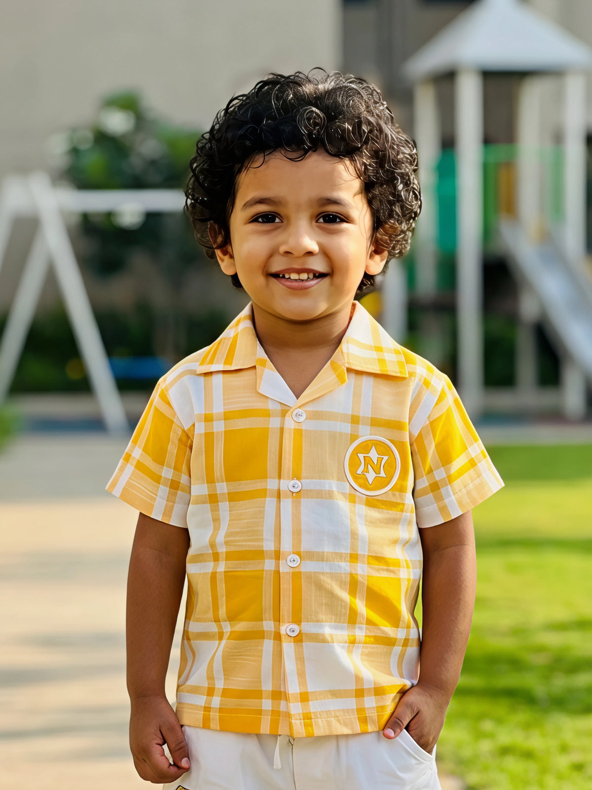 Boys' Sunshine Yellow Plaid Shirt and Cargo Shorts Co-ord Set