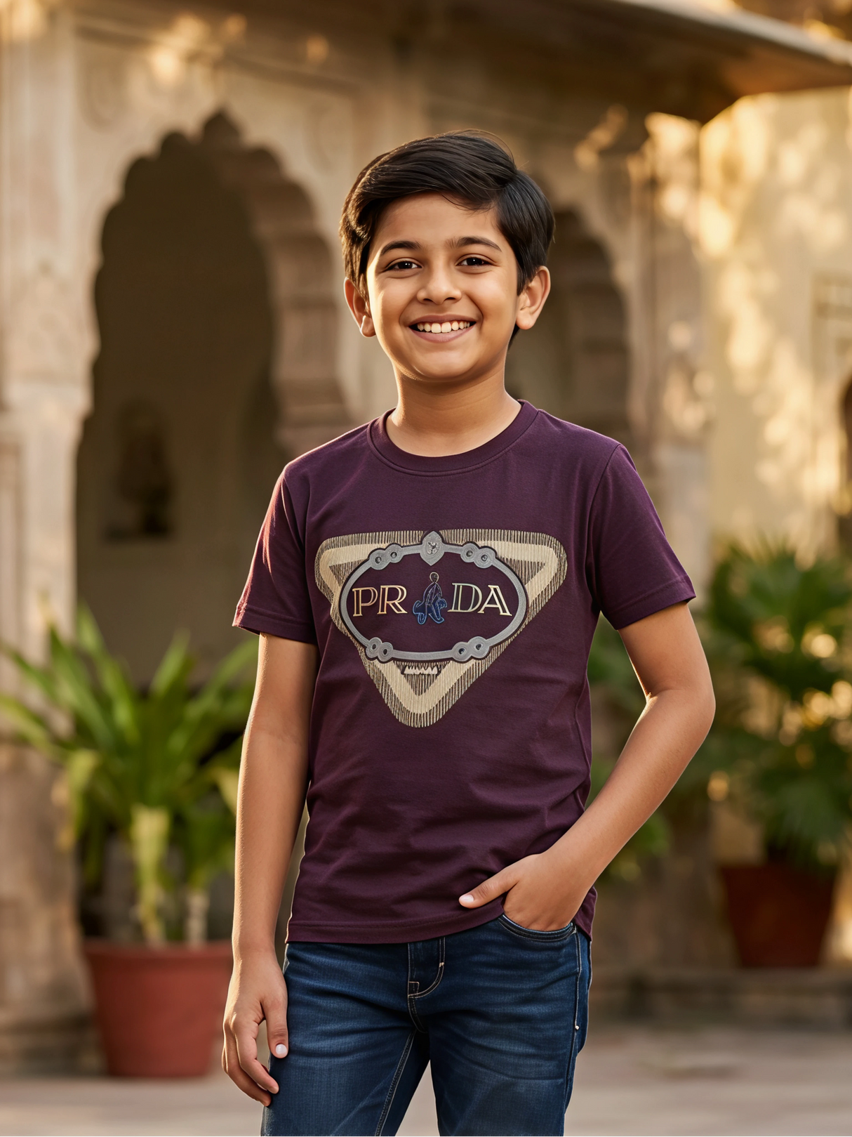 Boys' Maroon Graphic Print Cotton T-Shirt