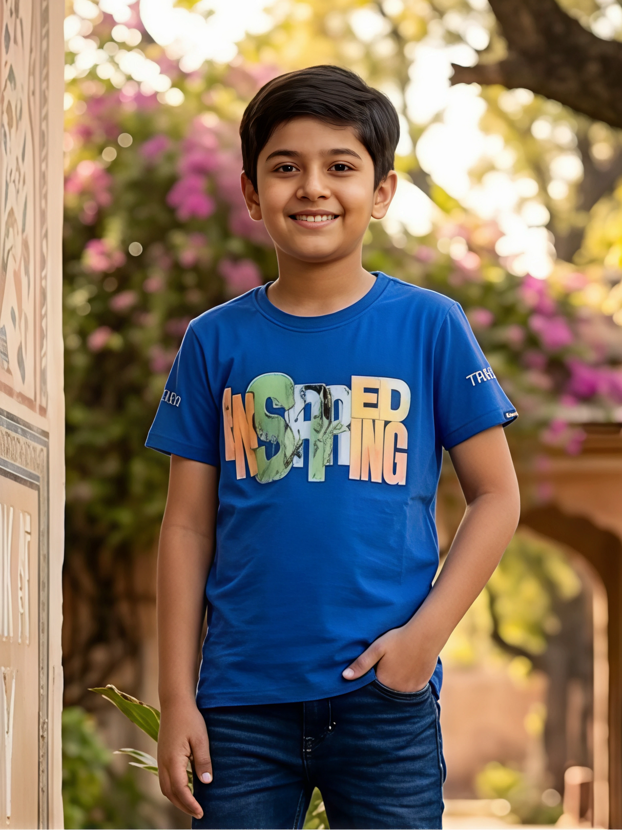 Boys Royal Blue "Inspiring" Graphic Print Cotton T-Shirt
