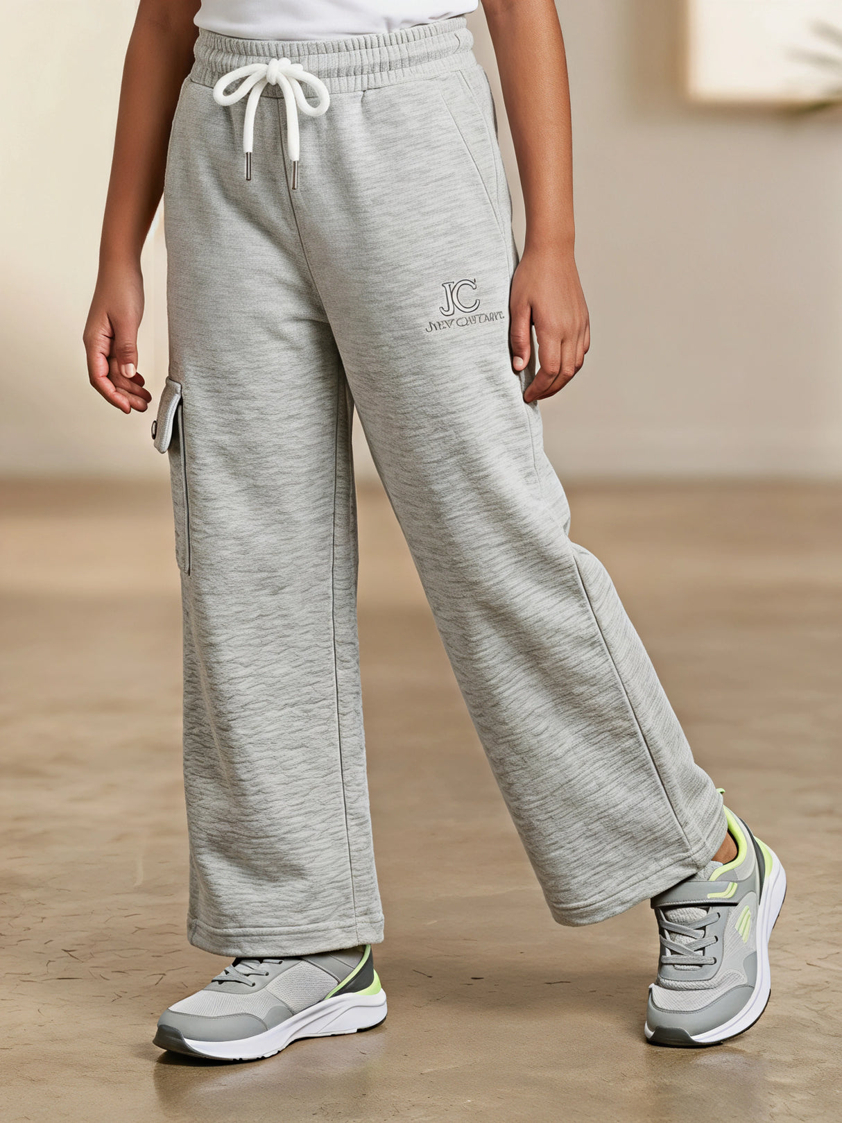 Girls' Dark Grey Wide-Leg Cargo Trackpants