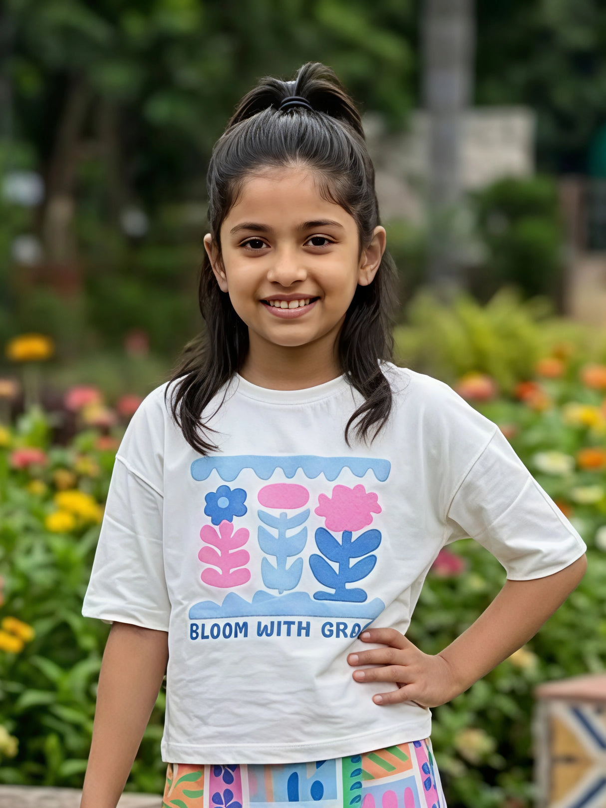 Girls Bloom With Grace Blue Graphic Top and Printed Skirt Set