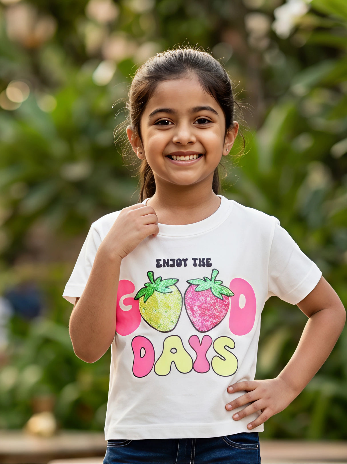Girls' White "Enjoy The Good Days" Sequin Strawberry Graphic Top