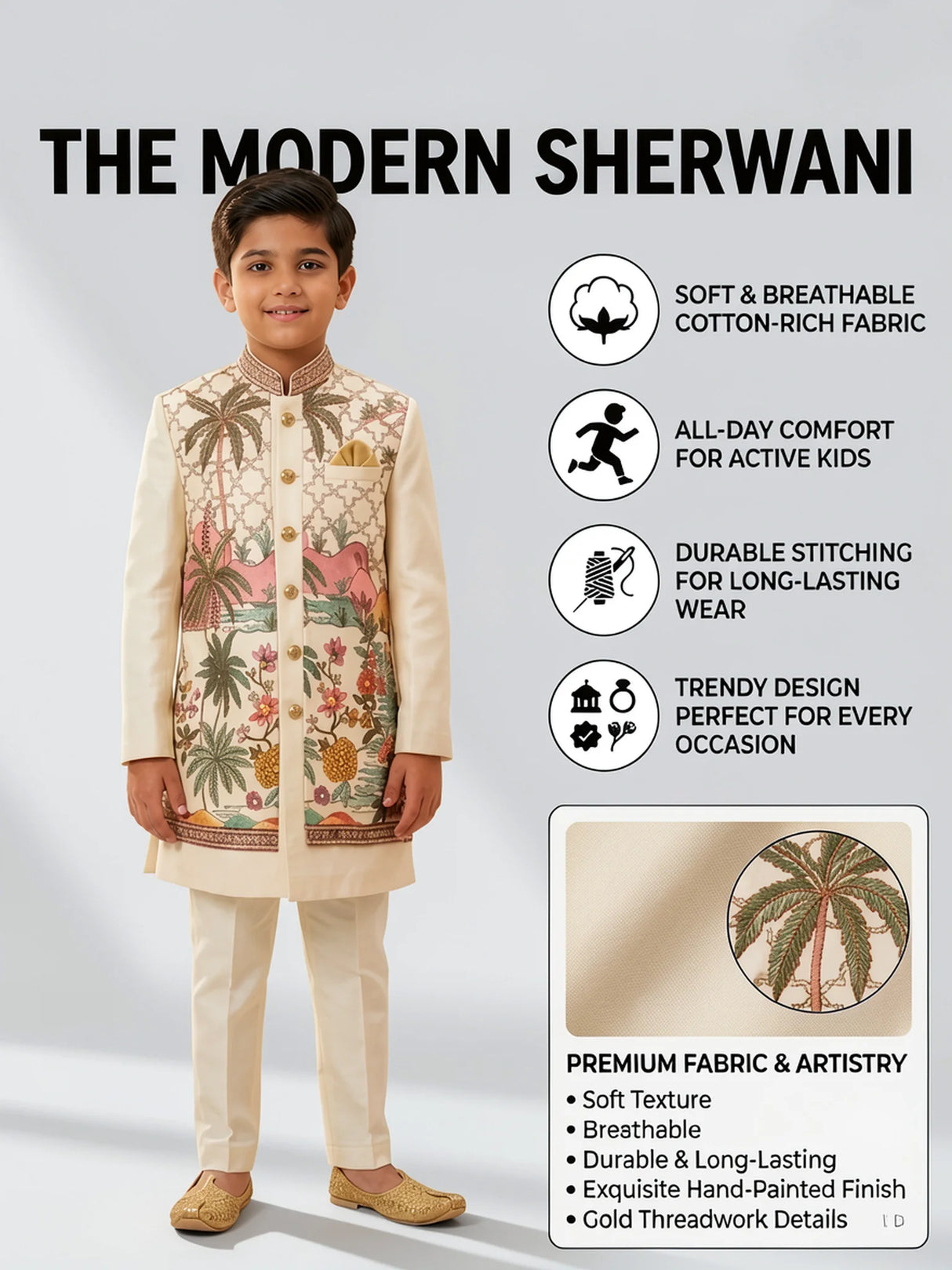 Boys Elegant Cream Embroidered Sherwani Set