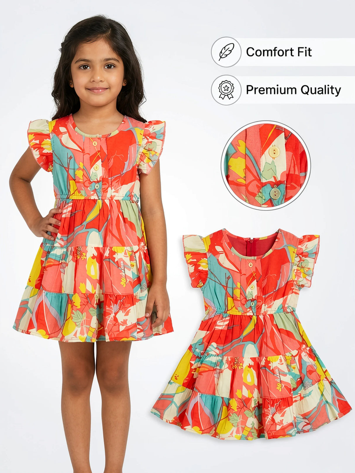 Vibrant Orange Floral Tiered Frock for Girls