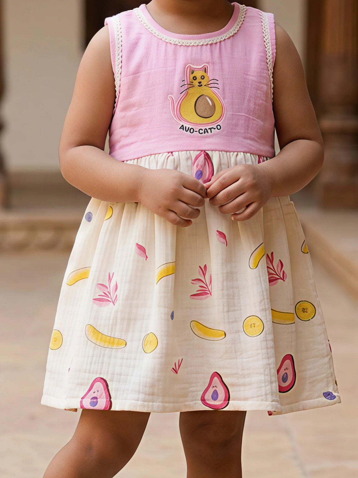 Girls Pink Avo-Cat-O Graphic Cotton Frock