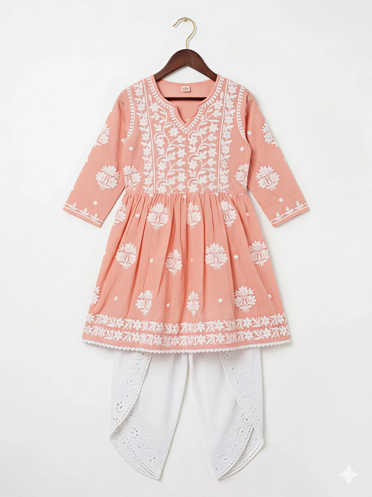 Girls Peach Chikankari Embroidered Frock Kurta with Dhoti Pants Set