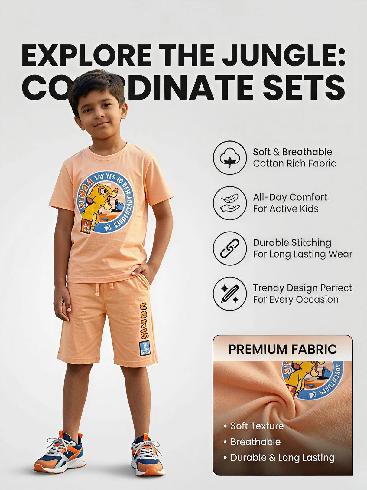 Boys Peach Simba Print Cotton T-Shirt and Shorts Co-ord Set