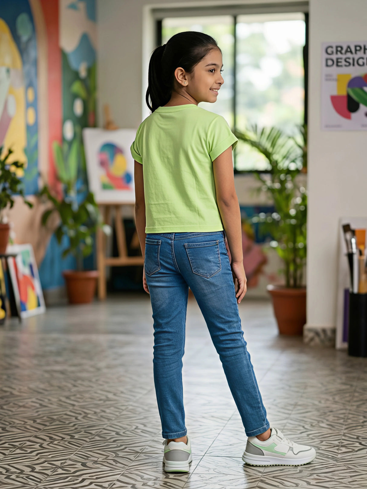 Girls Light Green Girl Power Graphic Tops