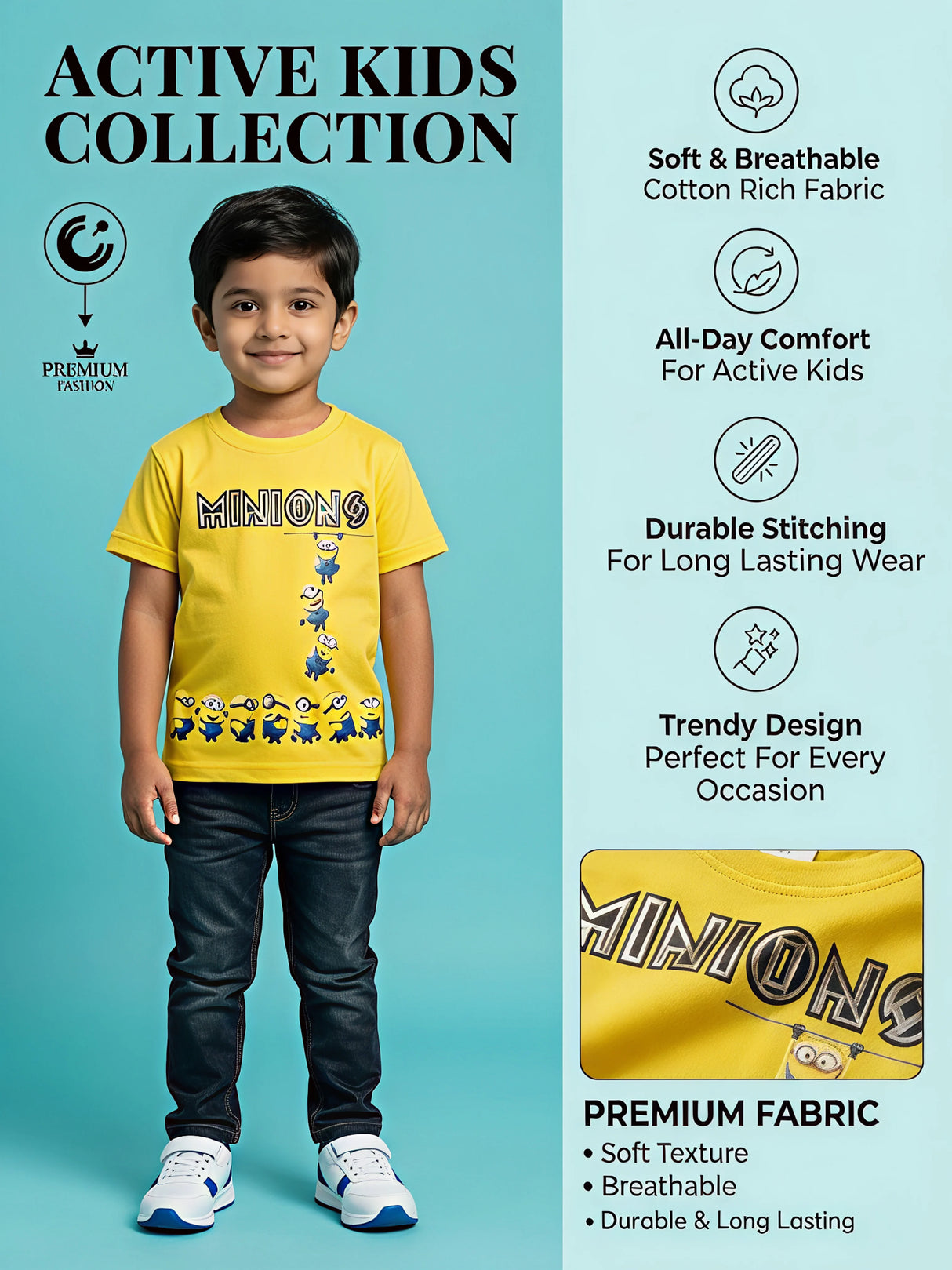 Boys Yellow Minions Graphic Printed Round Neck T-Shirt.
