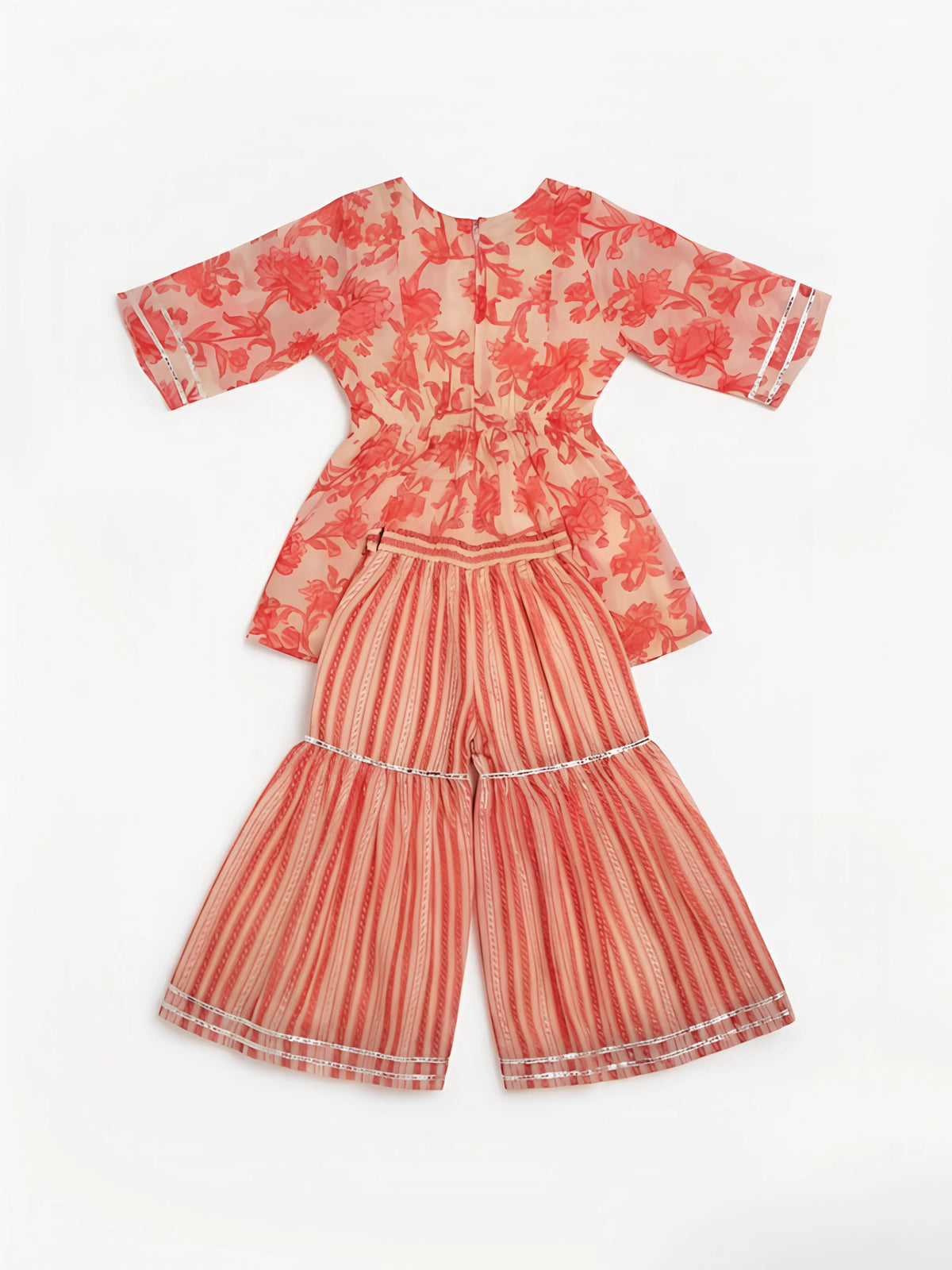 Cream Floral Print Sharara Set with Embroidered Neck Kids Ethnic Wear