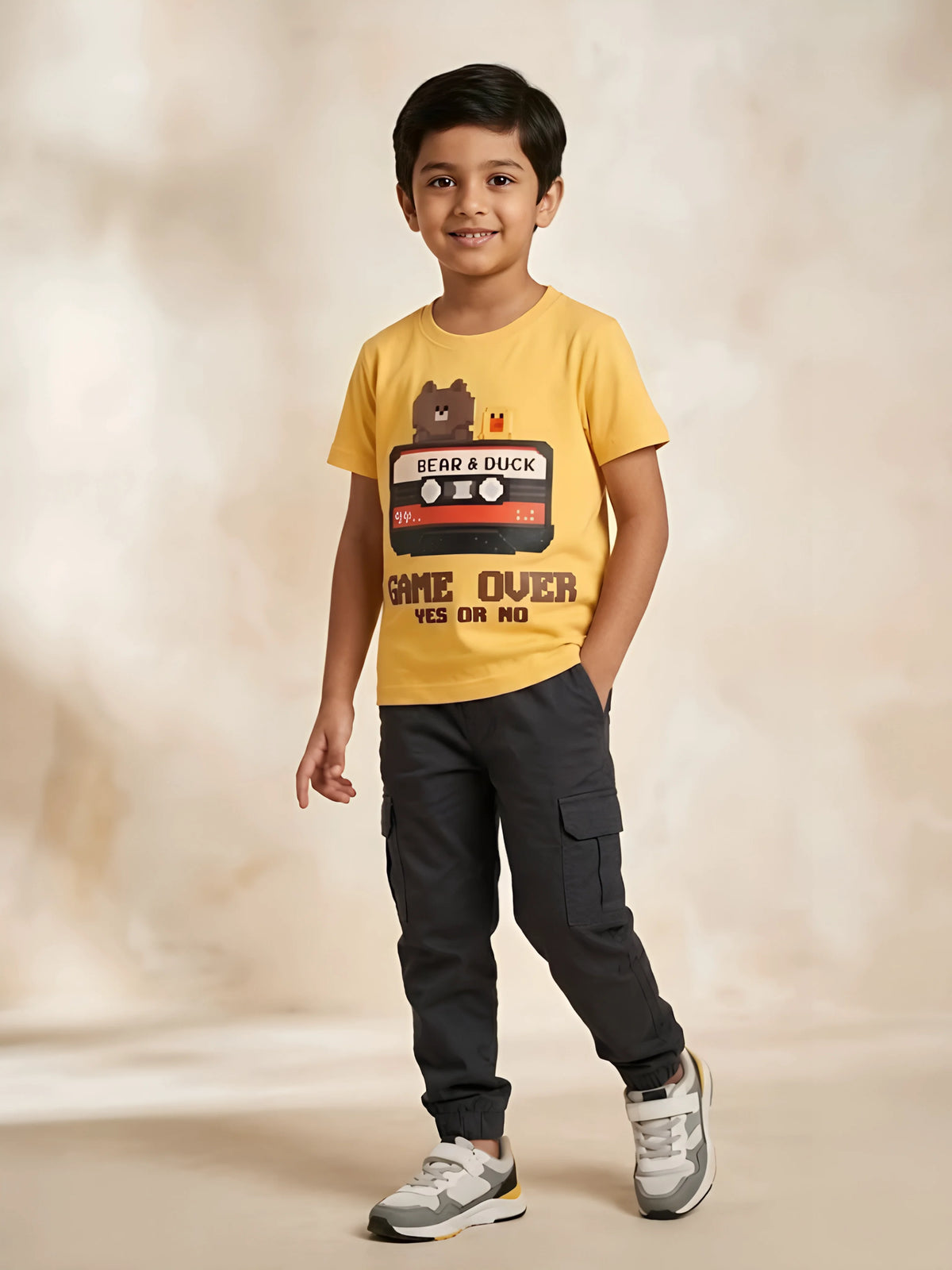 Yellow graphic print t-shirt for boys featuring a bear and duck cassette design.