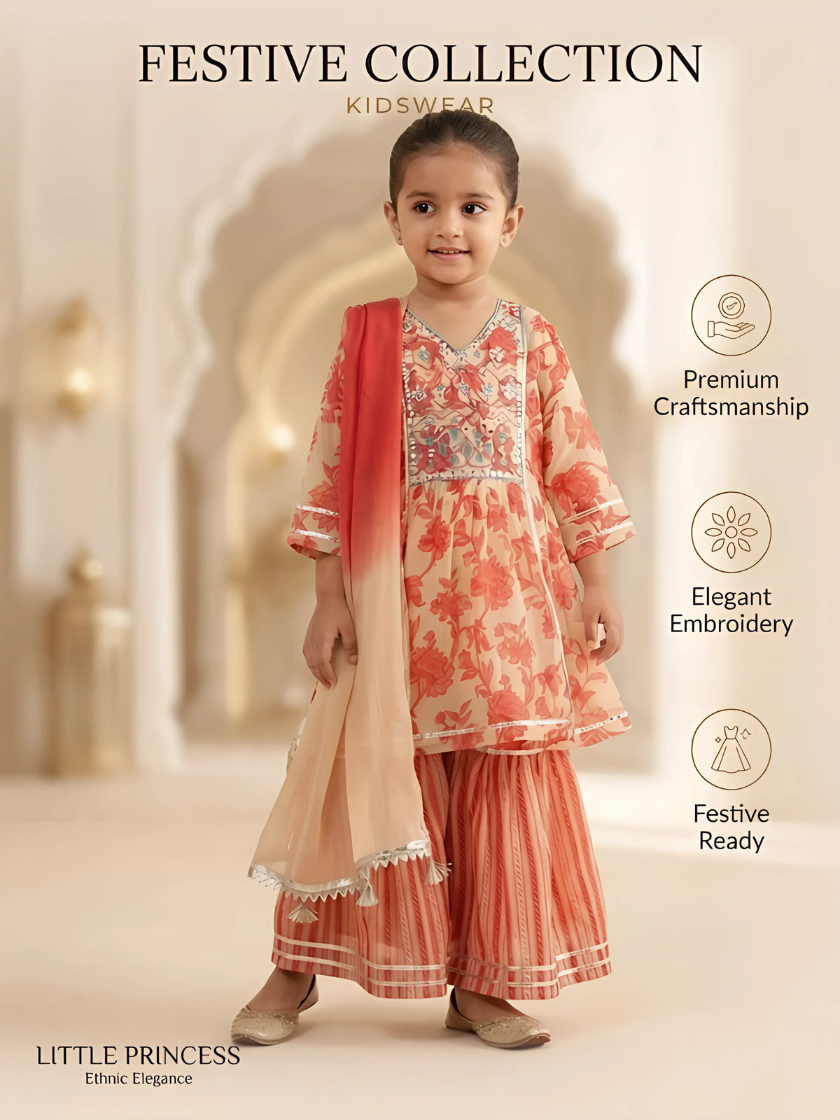 Cream Floral Print Sharara Set with Embroidered Neck Kids Ethnic Wear