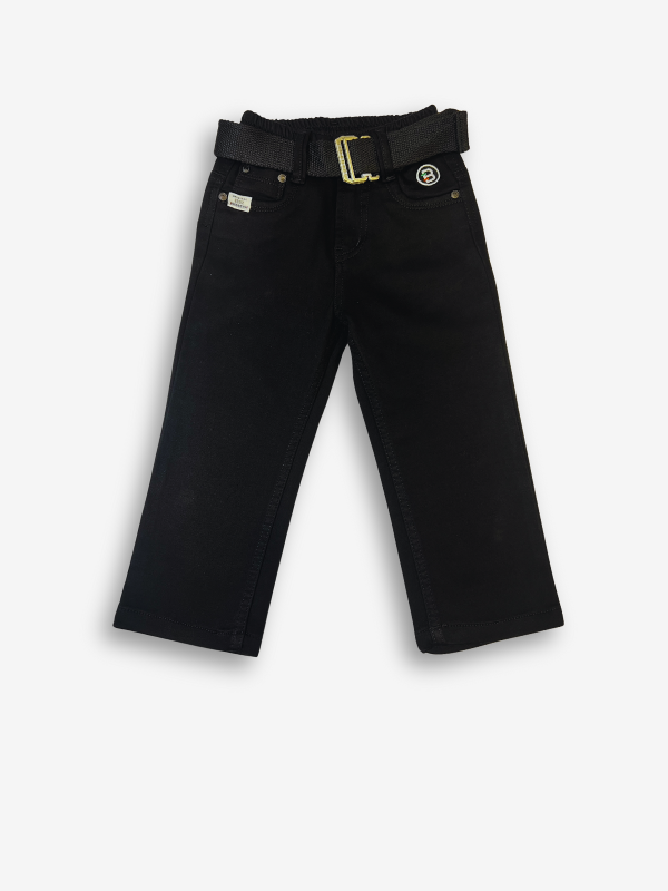Boys' solid black casual or denim pants with an elastic waist, straight leg, and a thick black web belt with a prominent rectangular silver buckle.
Export to Sheets