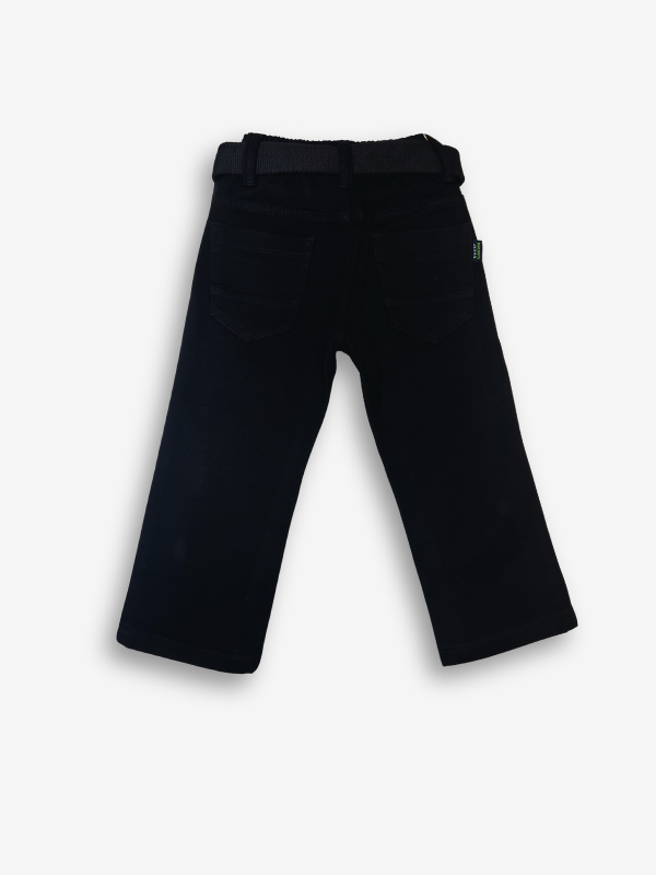 Boys' solid black casual or denim pants with an elastic waist, straight leg, and a thick black web belt with a prominent rectangular silver buckle.
Export to Sheets