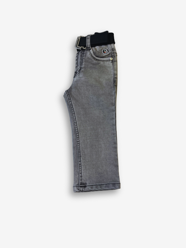 Boys' light grey wash denim jeans with a slightly faded look, an elasticated waist, and a thick black web belt with a silver rectangular buckle.