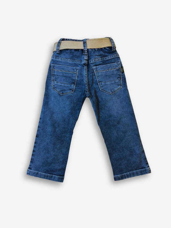 Boys' light blue wash denim jeans with a slightly faded look, an elastic waist, and a thick tan web belt with a silver rectangular buckle.
Export to Sheets