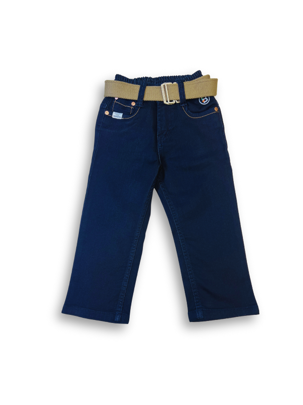 Boys' dark navy blue denim jeans with an elastic waist, straight leg, and a thick khaki or tan-colored web belt with a silver rectangular buckle.