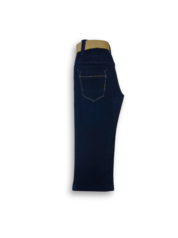 Boys' dark navy blue denim jeans with an elastic waist, straight leg, and a thick khaki or tan-colored web belt with a silver rectangular buckle.