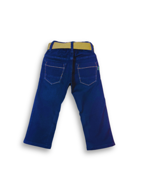 Boys' dark navy blue denim jeans with an elastic waist, straight leg, and a thick khaki or tan-colored web belt with a silver rectangular buckle.