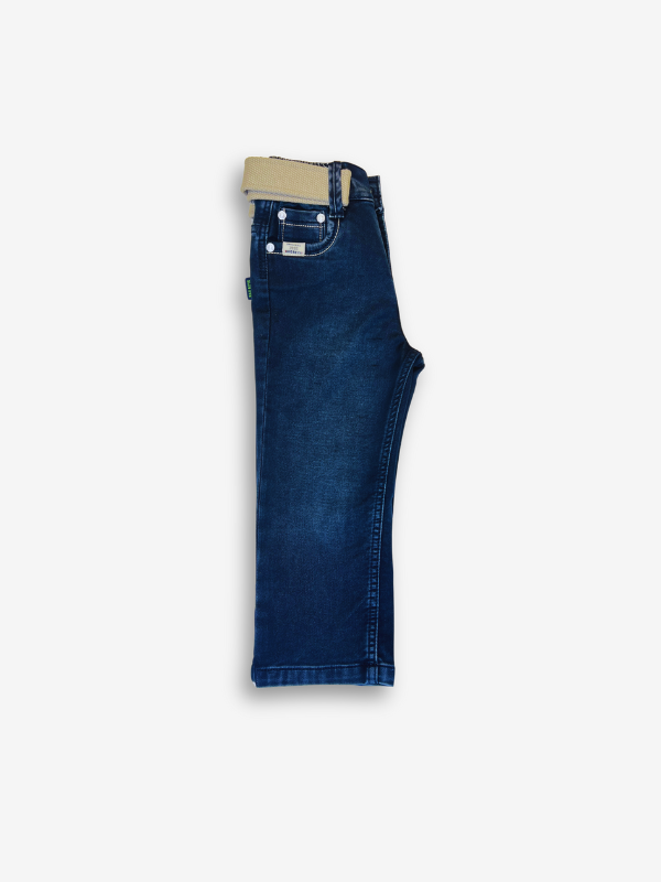 Boys' dark blue denim jeans with a straight fit, subtle fading, and a prominent tan or cream-colored web belt with a silver buckle.
Export to Sheets